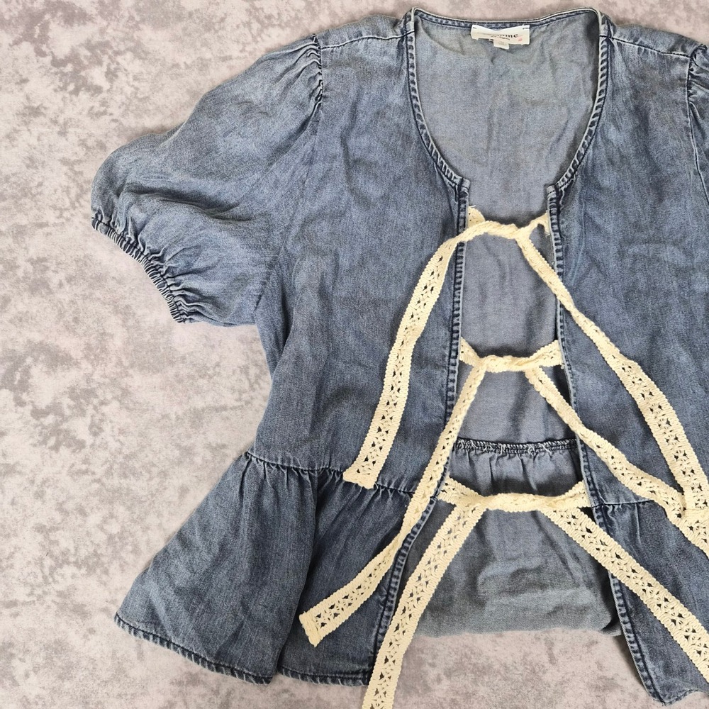 Wstern Denim Tie Front Top Womens Medium Coquette Cottagecore Boho Chic Country - Picture 8 of 8